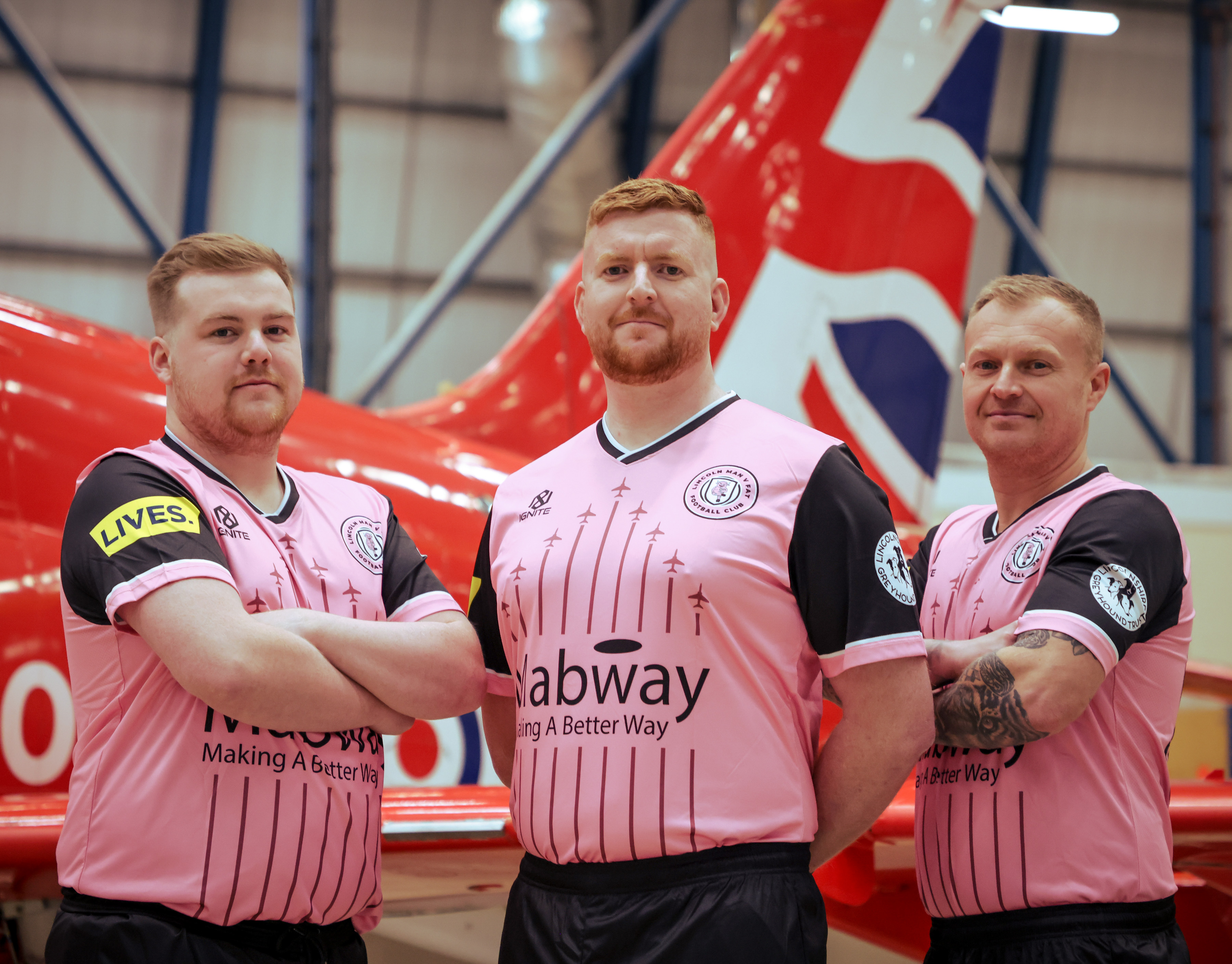 MvF players in the Red Arrows hangar.